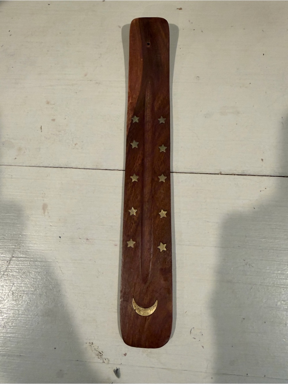 Wooden Incense Holder with golden Star & Moon Inlay - Brown